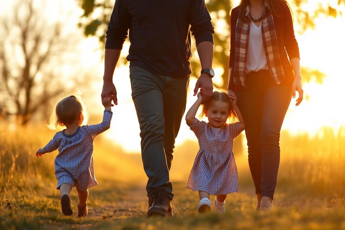 A father walking with his family at golden hour